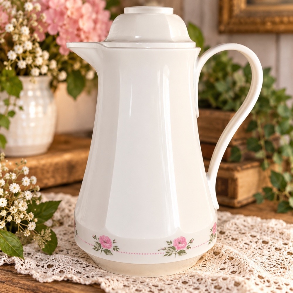 Vintage Thermos Christa 430 Carafe Pink Rose Floral West Germany White
Cottacore